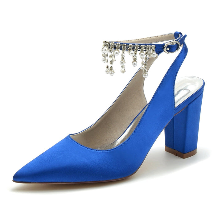 Women's Wedding Shoes Pointed Toe Chunky Heel Chic Buckle Bridal Shoes with Pearl Tassel