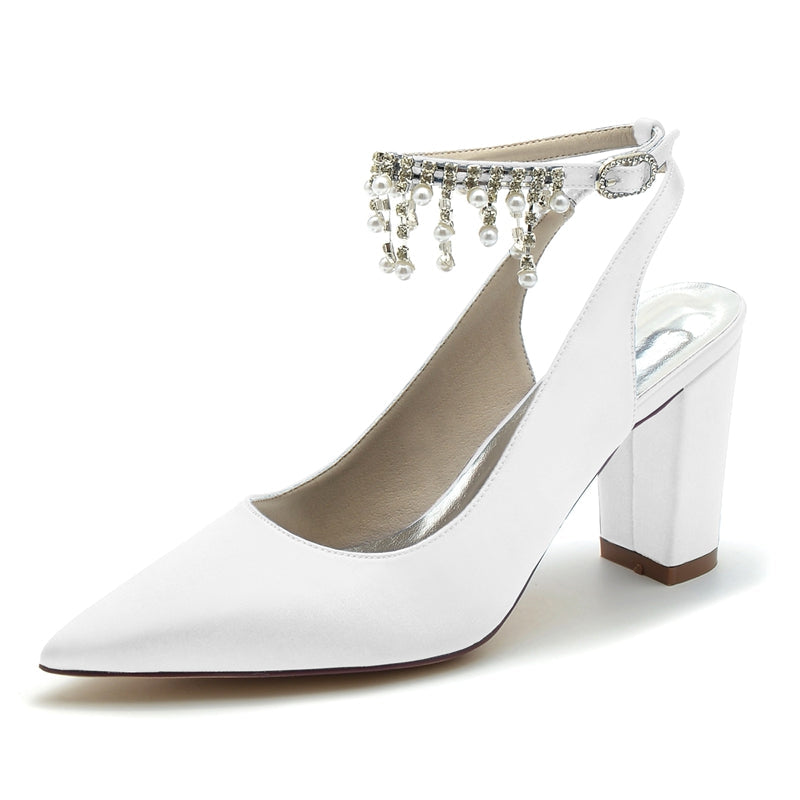 Women's Wedding Shoes Pointed Toe Chunky Heel Chic Buckle Bridal Shoes with Pearl Tassel
