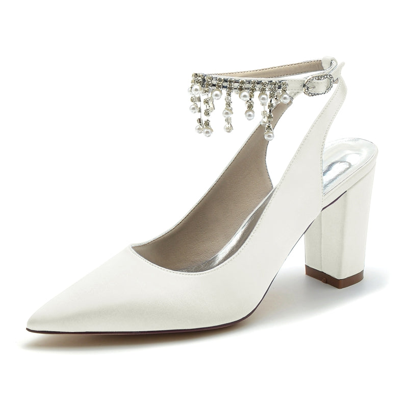 Women's Wedding Shoes Pointed Toe Chunky Heel Chic Buckle Bridal Shoes with Pearl Tassel