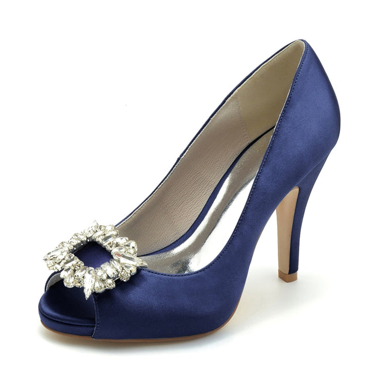 Women's Wedding Shoes Champagne Open Toe Elegant Bridal Shoes with Square Rhinestone