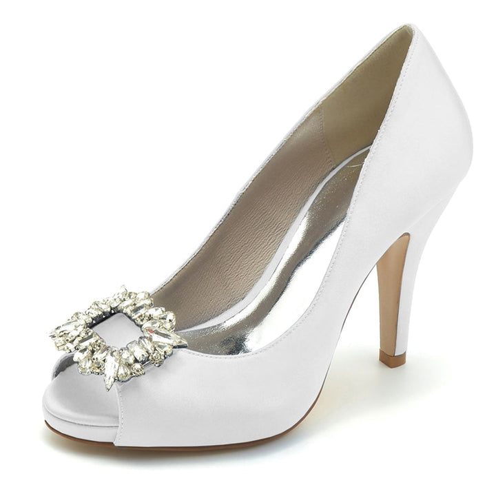 Women's Wedding Shoes Champagne Open Toe Elegant Bridal Shoes with Square Rhinestone