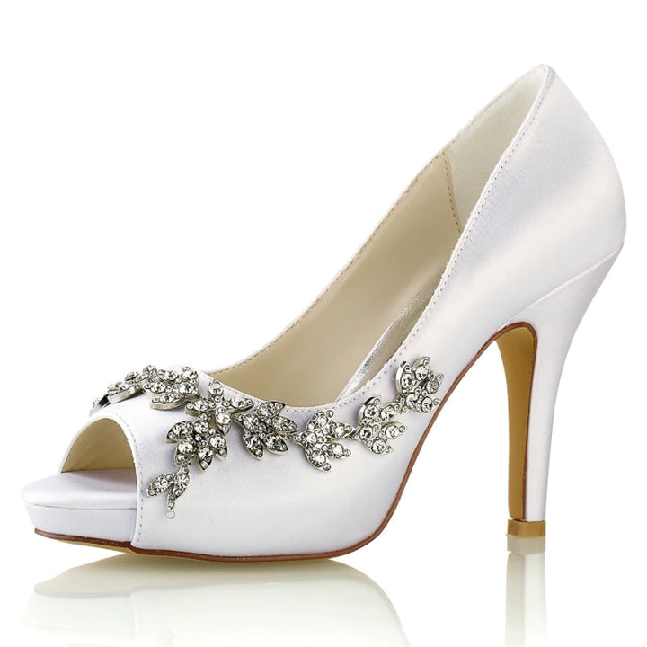 Women's Wedding Shoes White Peep Toe High Heel Luxurious Rhinestone Bridal Shoes