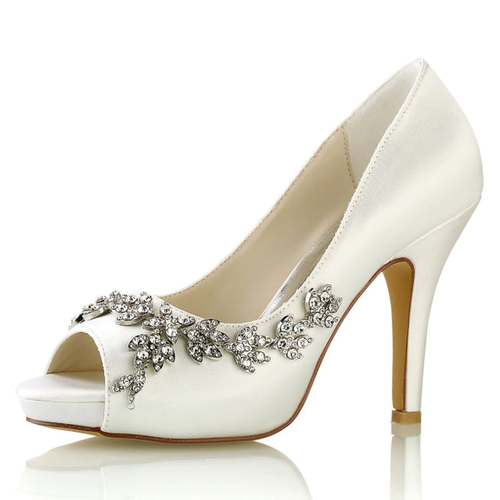 Women's Wedding Shoes White Peep Toe High Heel Luxurious Rhinestone Bridal Shoes