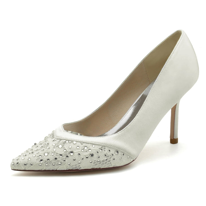 Women's Wedding Shoes Pointed Toe Stiletto Heel Lace Bridal Shoes with Mini Crystal