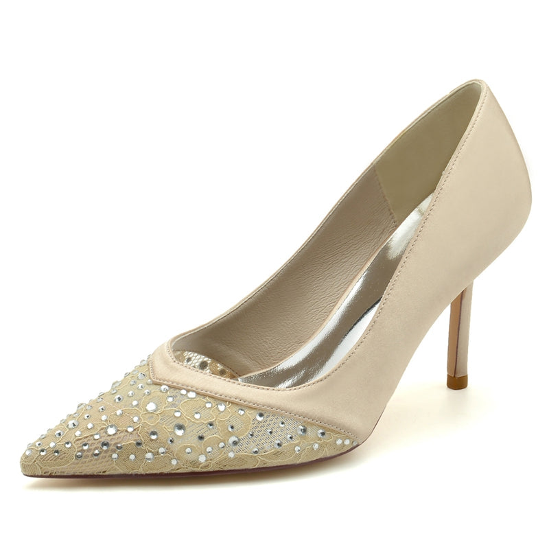 Women's Wedding Shoes Pointed Toe Stiletto Heel Lace Bridal Shoes with Mini Crystal
