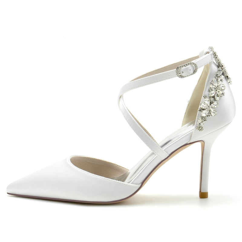 Women's Wedding Shoes Pointed Toe High Heel Crossed Straps Buckle Bridal Shoes with Rhinestone