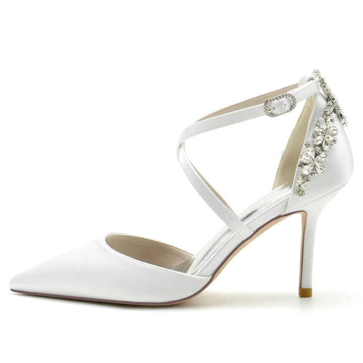 Women's Wedding Shoes Pointed Toe High Heel Crossed Straps Buckle Bridal Shoes with Rhinestone