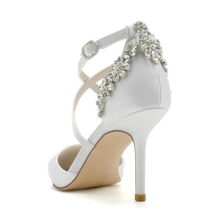 Women's Wedding Shoes Pointed Toe High Heel Crossed Straps Buckle Bridal Shoes with Rhinestone