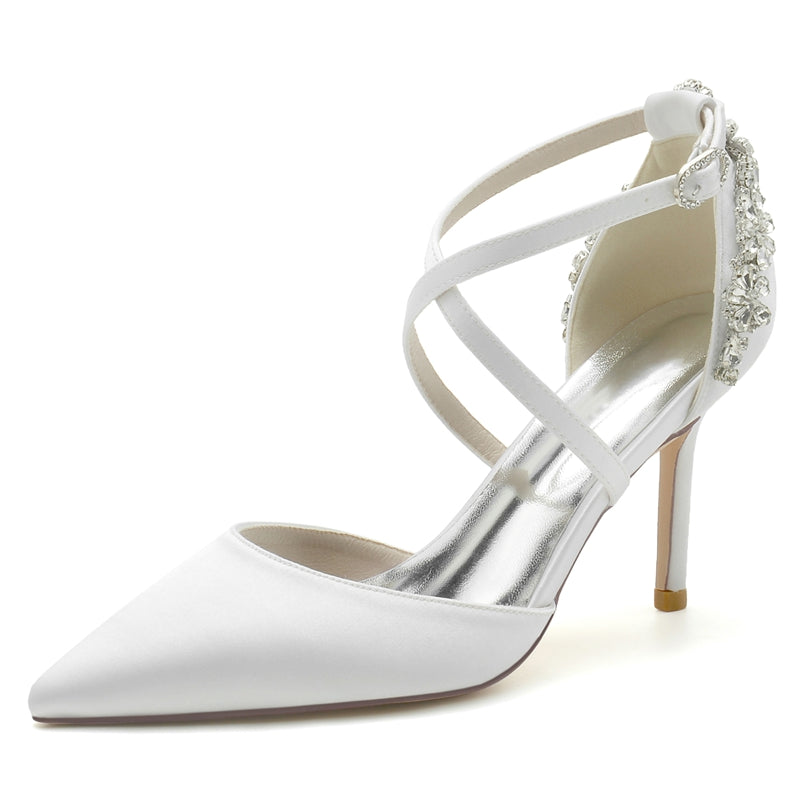 Women's Wedding Shoes Pointed Toe High Heel Crossed Straps Buckle Bridal Shoes with Rhinestone
