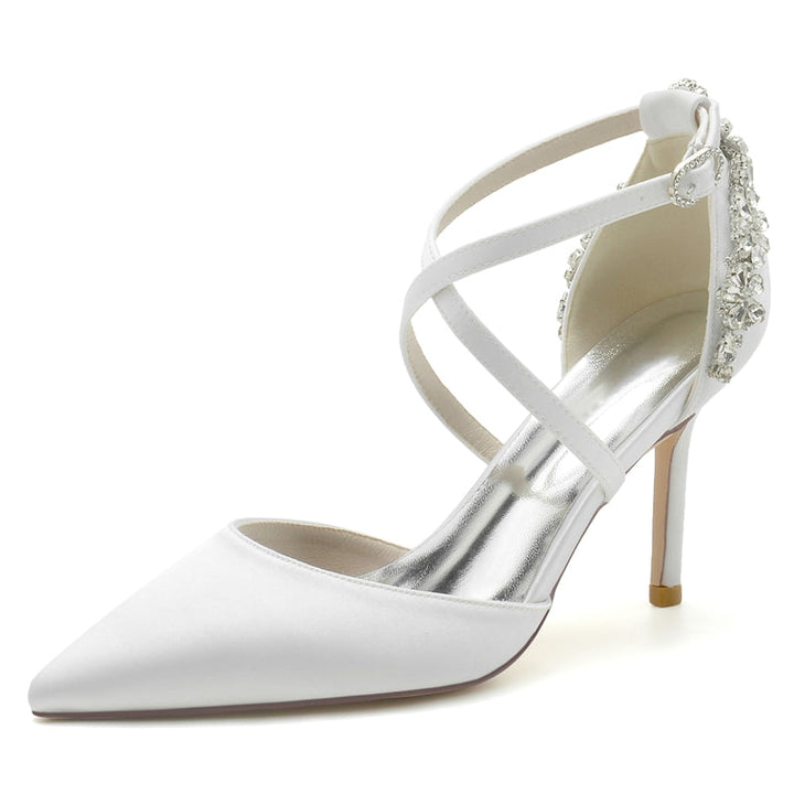 Women's Wedding Shoes Pointed Toe High Heel Crossed Straps Buckle Bridal Shoes with Rhinestone
