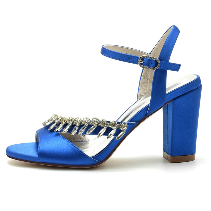 Women's Wedding Shoes Opened Toe Chunky Heel Buckle Bridal Shoes with Rhinestone Straps
