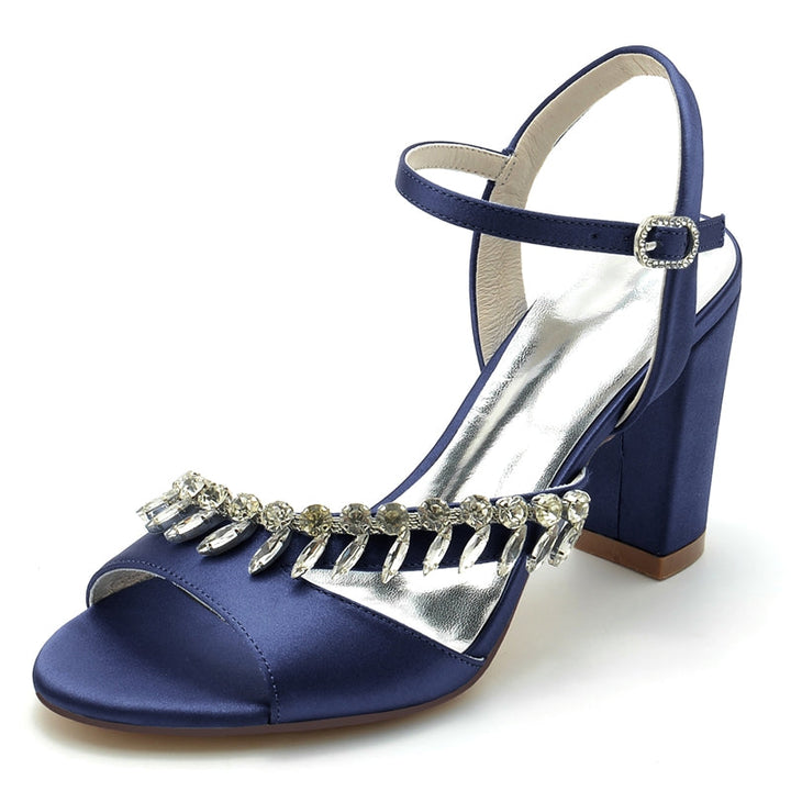 Women's Wedding Shoes Opened Toe Chunky Heel Buckle Bridal Shoes with Rhinestone Straps