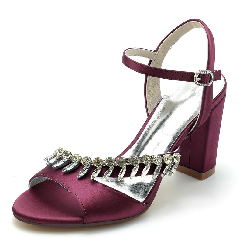Women's Wedding Shoes Opened Toe Chunky Heel Buckle Bridal Shoes with Rhinestone Straps