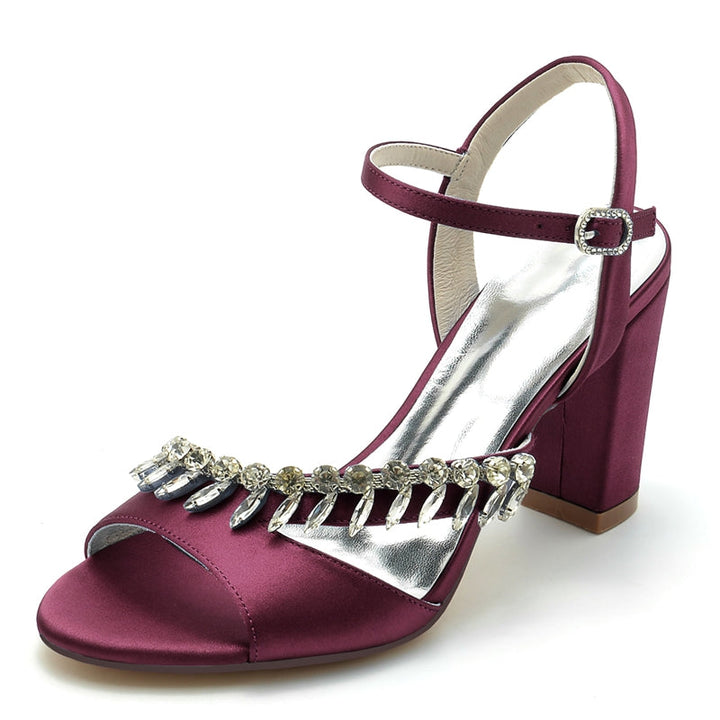 Women's Wedding Shoes Opened Toe Chunky Heel Buckle Bridal Shoes with Rhinestone Straps