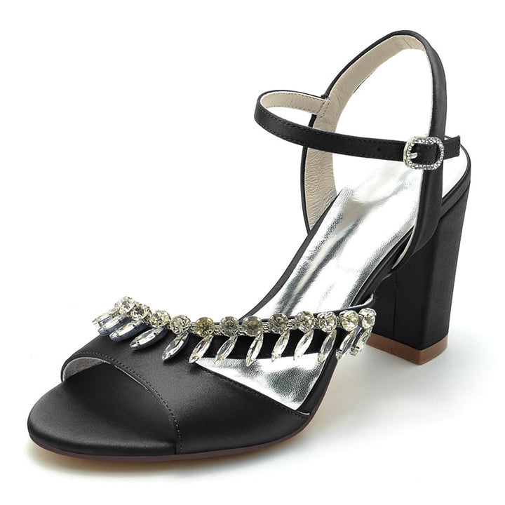 Women's Wedding Shoes Opened Toe Chunky Heel Buckle Bridal Shoes with Rhinestone Straps