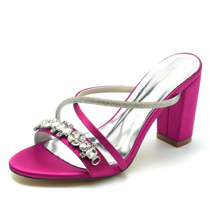 Women's Wedding Shoes Opened Toe Crossed Straps Slip-On Sparkling Bridal Shoes with Rhinestone