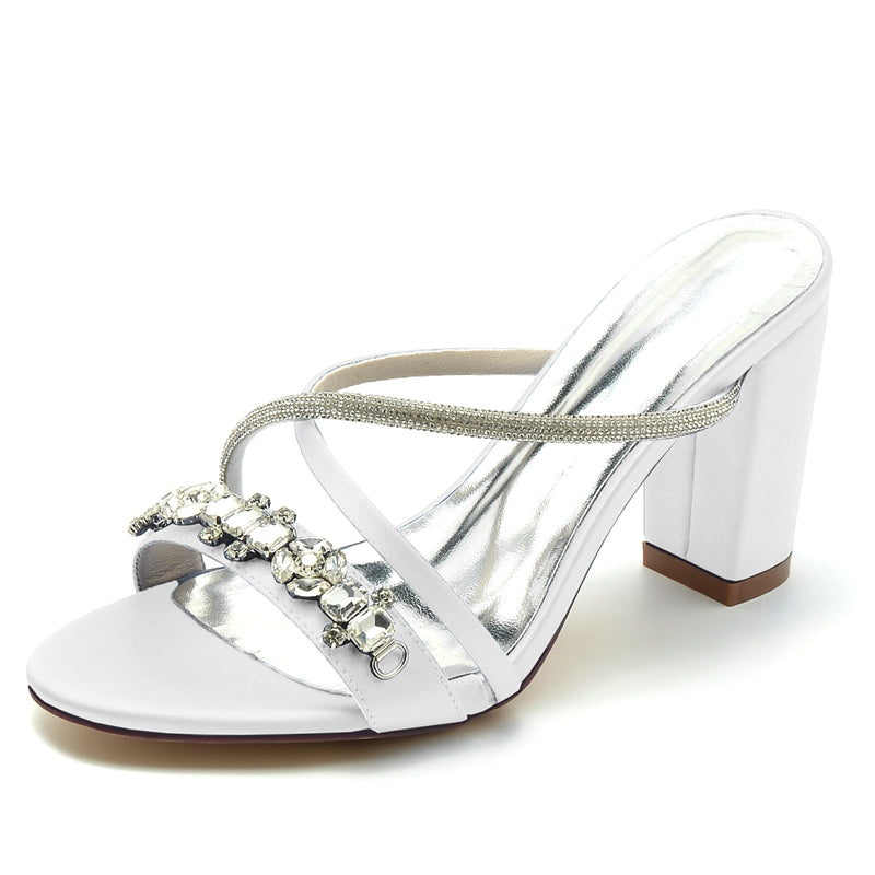 Women's Wedding Shoes Opened Toe Crossed Straps Slip-On Sparkling Bridal Shoes with Rhinestone