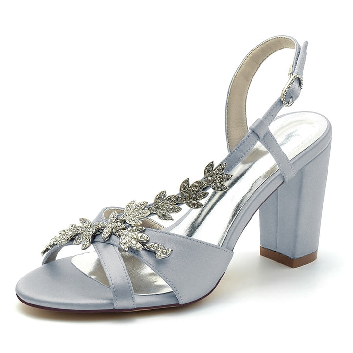 Women's Wedding Shoes Opened Toe Block Heel Rhinestone Leaves Elegant Bridal Shoes