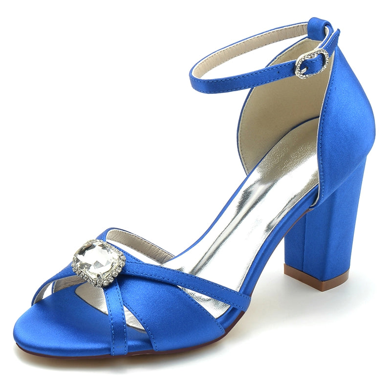Women's Wedding Shoes Royal Blue Opened Toe Block Heel Bridal Shoes with Square Rhinestone