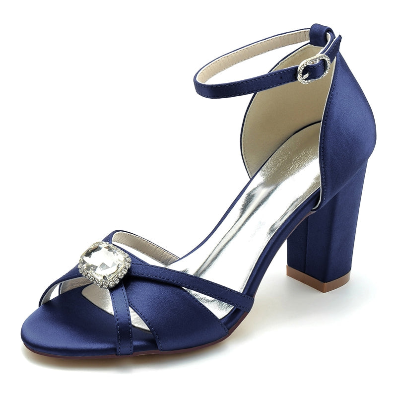 Women's Wedding Shoes Royal Blue Opened Toe Block Heel Bridal Shoes with Square Rhinestone