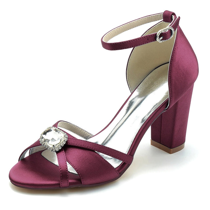 Women's Wedding Shoes Royal Blue Opened Toe Block Heel Bridal Shoes with Square Rhinestone