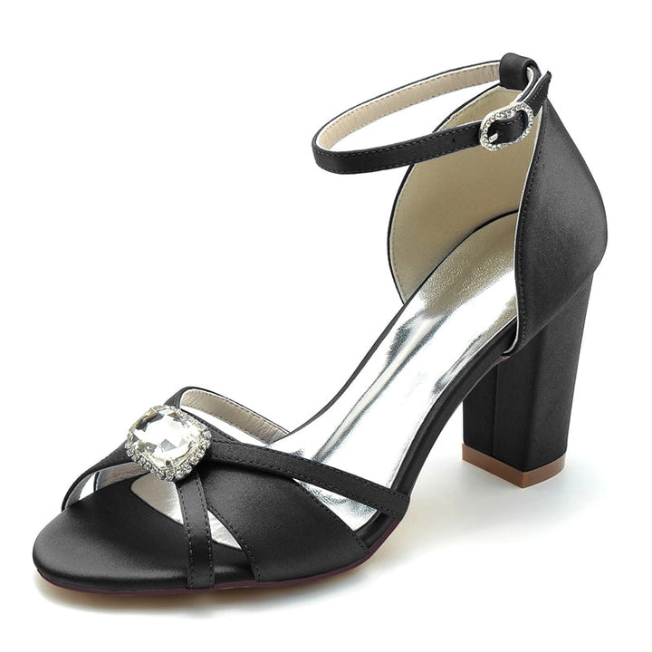 Women's Wedding Shoes Royal Blue Opened Toe Block Heel Bridal Shoes with Square Rhinestone