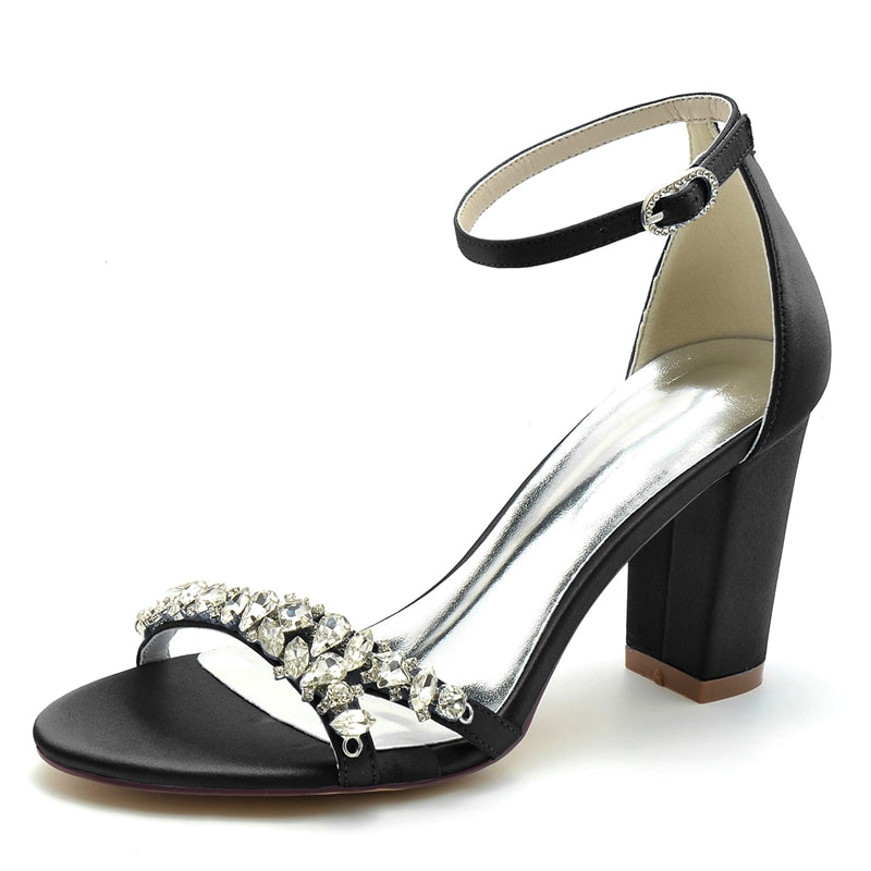 Women's Wedding Shoes Opened Toe Block Heel Rhinestone Strap Buckle Bridal Shoes