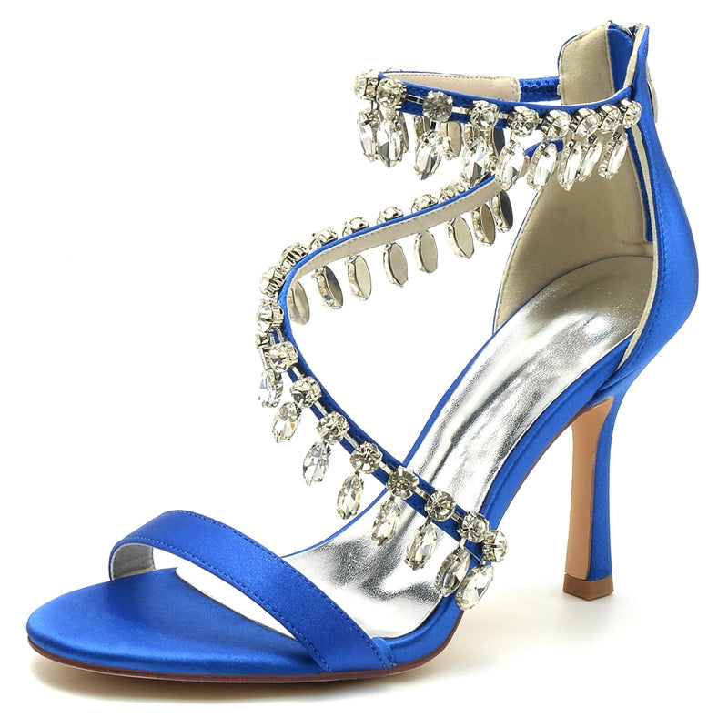 Women's Wedding Shoes Opened Toe Crossed Strap Buckle Bridal Shoes with Rhinestone Pendants