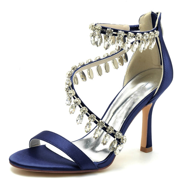 Women's Wedding Shoes Opened Toe Crossed Strap Buckle Bridal Shoes with Rhinestone Pendants