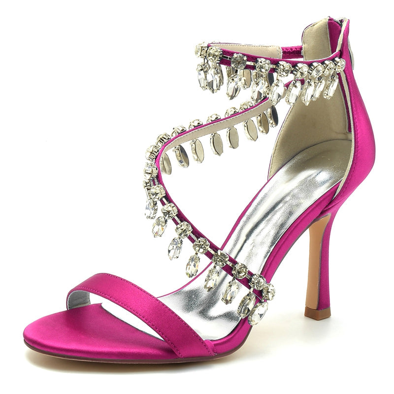 Women's Wedding Shoes Opened Toe Crossed Strap Buckle Bridal Shoes with Rhinestone Pendants