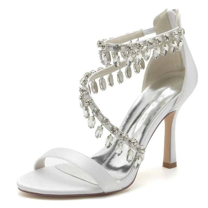 Women's Wedding Shoes Opened Toe Crossed Strap Buckle Bridal Shoes with Rhinestone Pendants