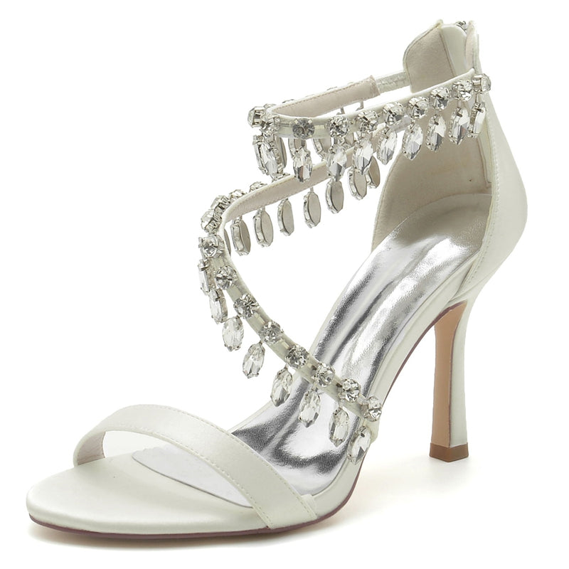 Women's Wedding Shoes Opened Toe Crossed Strap Buckle Bridal Shoes with Rhinestone Pendants