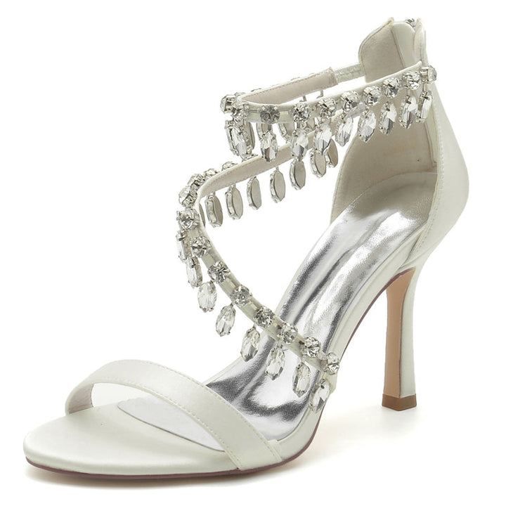 Women's Wedding Shoes Opened Toe Crossed Strap Buckle Bridal Shoes with Rhinestone Pendants