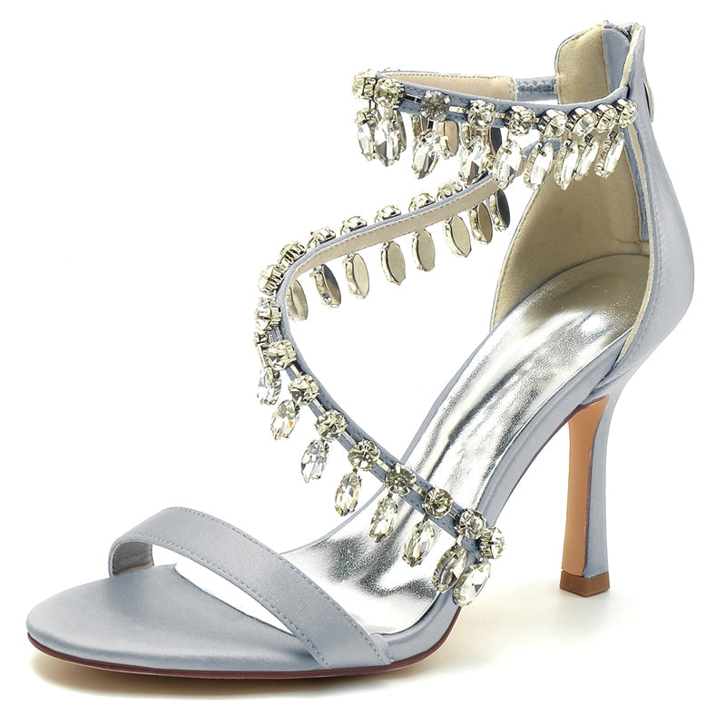 Women's Wedding Shoes Opened Toe Crossed Strap Buckle Bridal Shoes with Rhinestone Pendants