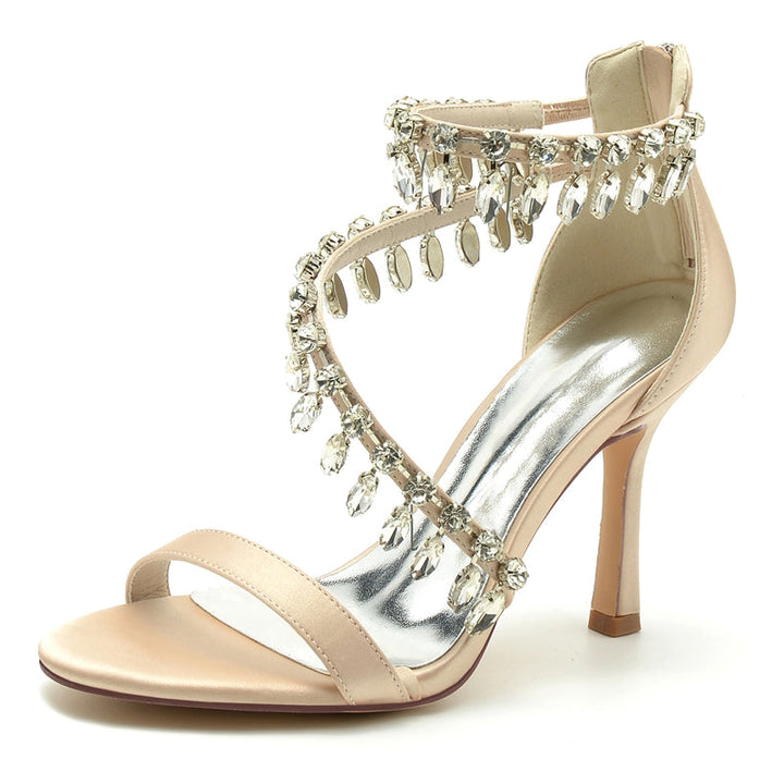 Women's Wedding Shoes Opened Toe Crossed Strap Buckle Bridal Shoes with Rhinestone Pendants