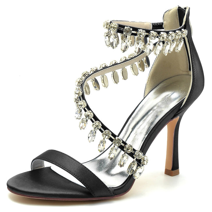 Women's Wedding Shoes Opened Toe Crossed Strap Buckle Bridal Shoes with Rhinestone Pendants