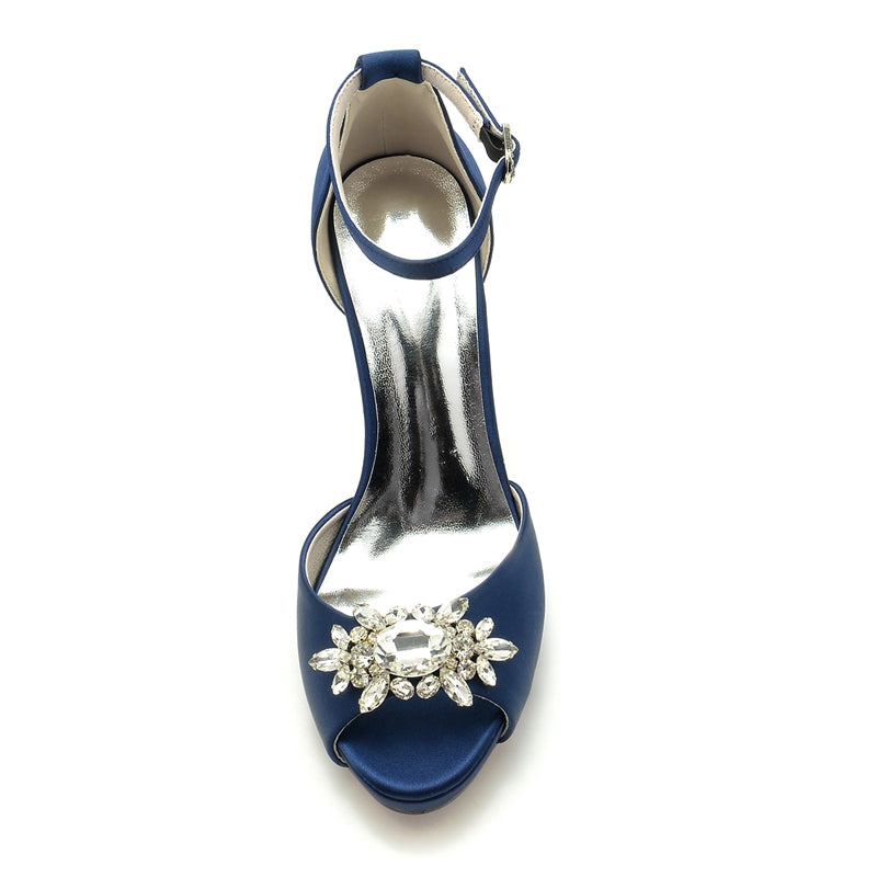 Women's Wedding Shoes Thick Sole Peep Toe Stiletto Heel Buckle Bridal Shoes with Rhinestone