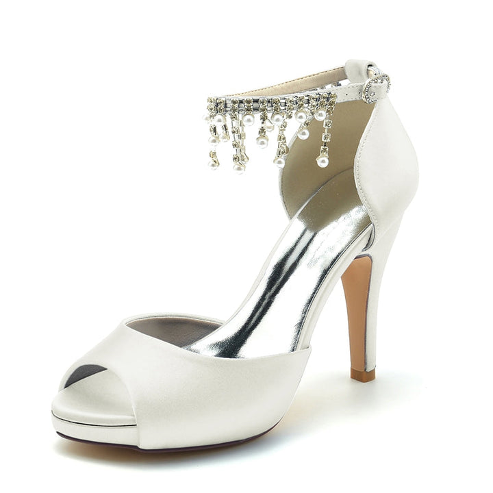 Women's Wedding Shoes Black Peep Toe Thick Sole Buckle Bridal Shoes with Pearl Tassel