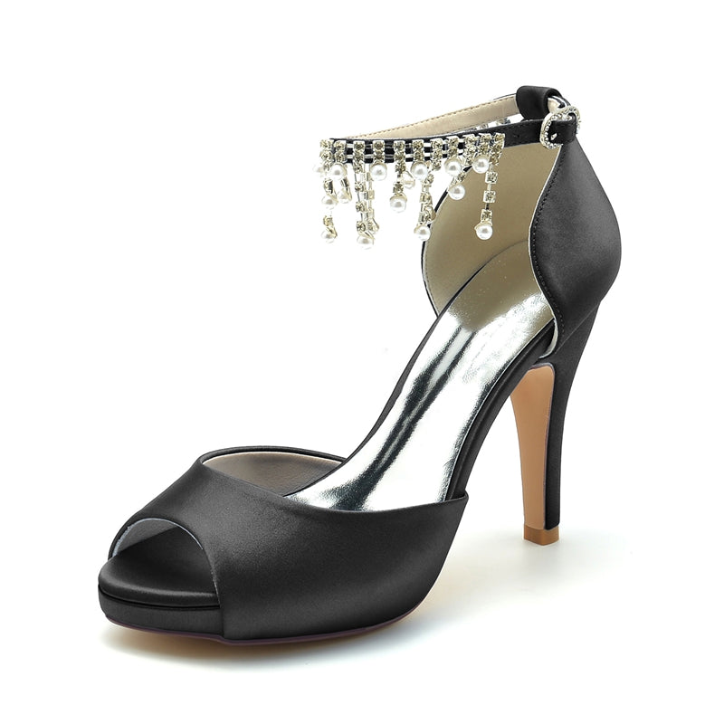 Women's Wedding Shoes Black Peep Toe Thick Sole Buckle Bridal Shoes with Pearl Tassel