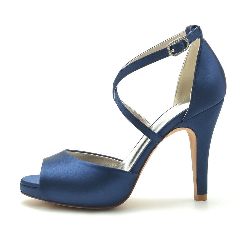 Women's Wedding Shoes Silver High Heel Thick Sole Crossed Straps Elegant Bridal Shoes