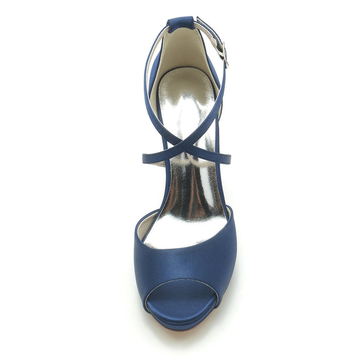 Women's Wedding Shoes Silver High Heel Thick Sole Crossed Straps Elegant Bridal Shoes