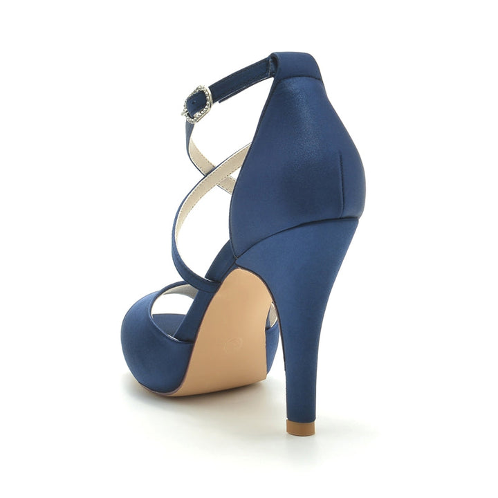 Women's Wedding Shoes Silver High Heel Thick Sole Crossed Straps Elegant Bridal Shoes