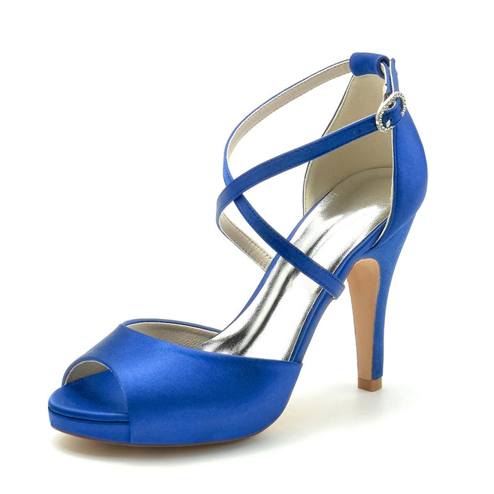 Women's Wedding Shoes Silver High Heel Thick Sole Crossed Straps Elegant Bridal Shoes