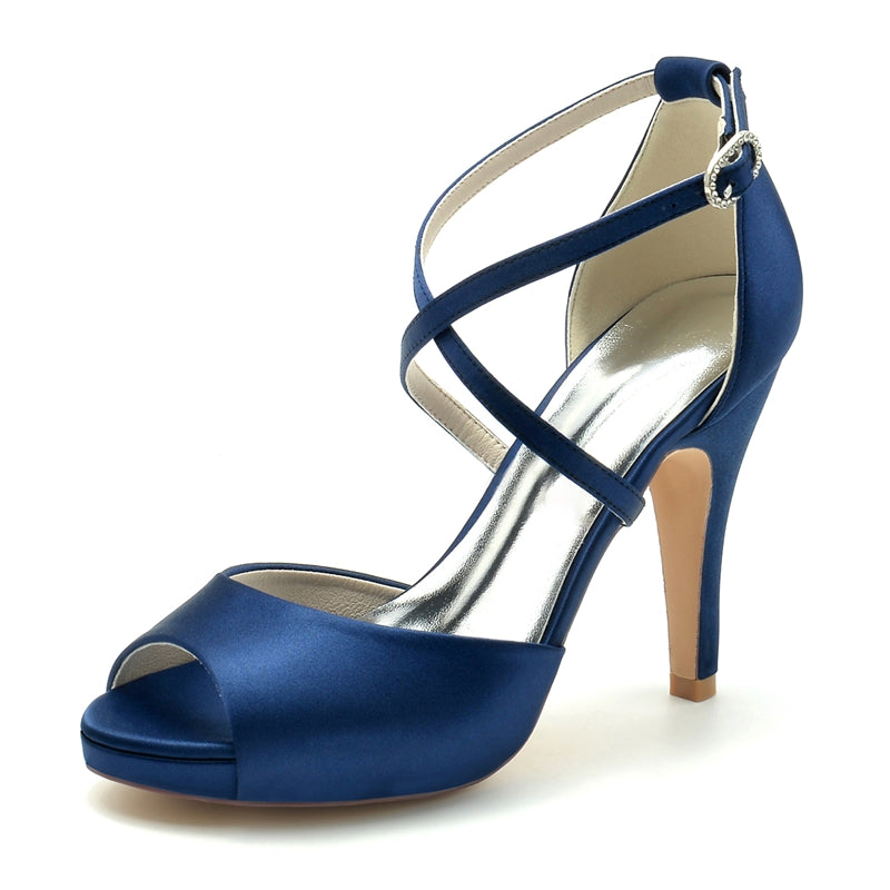 Women's Wedding Shoes Silver High Heel Thick Sole Crossed Straps Elegant Bridal Shoes