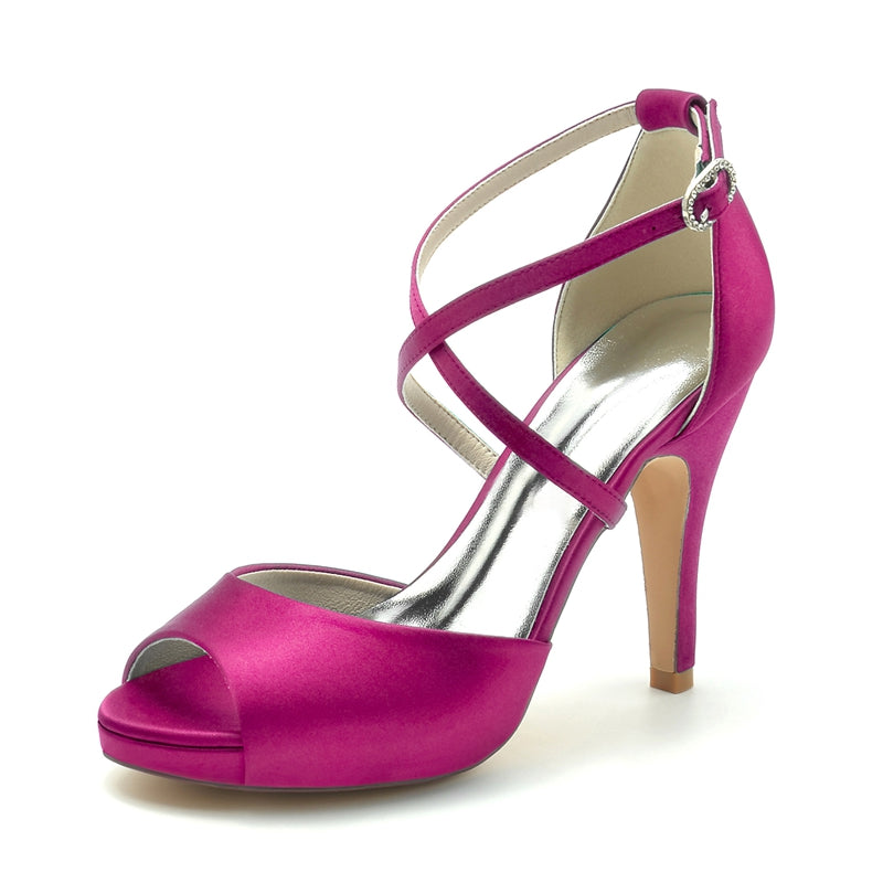 Women's Wedding Shoes Silver High Heel Thick Sole Crossed Straps Elegant Bridal Shoes