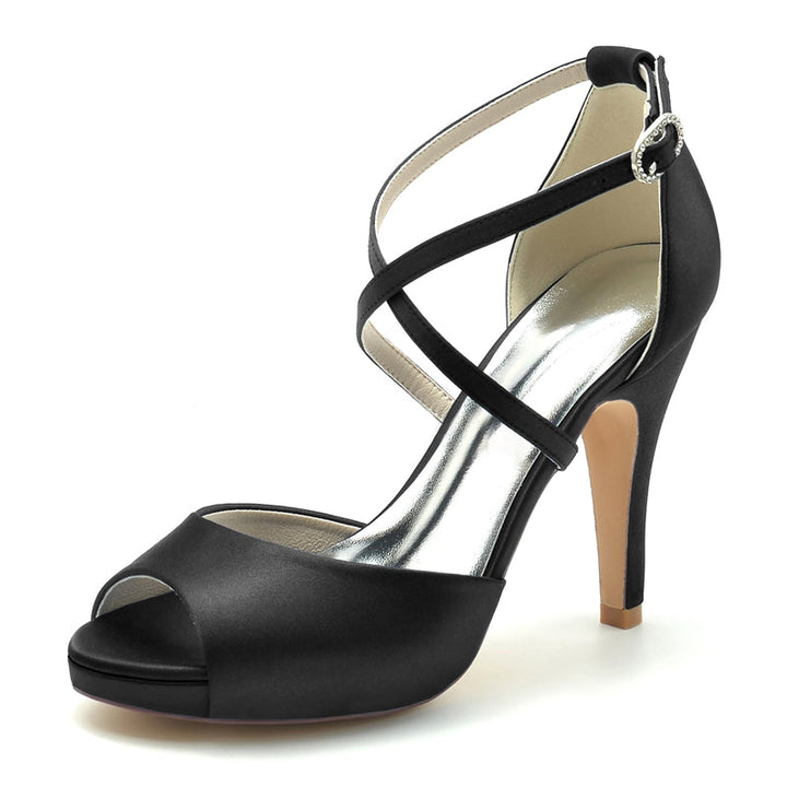 Women's Wedding Shoes Silver High Heel Thick Sole Crossed Straps Elegant Bridal Shoes