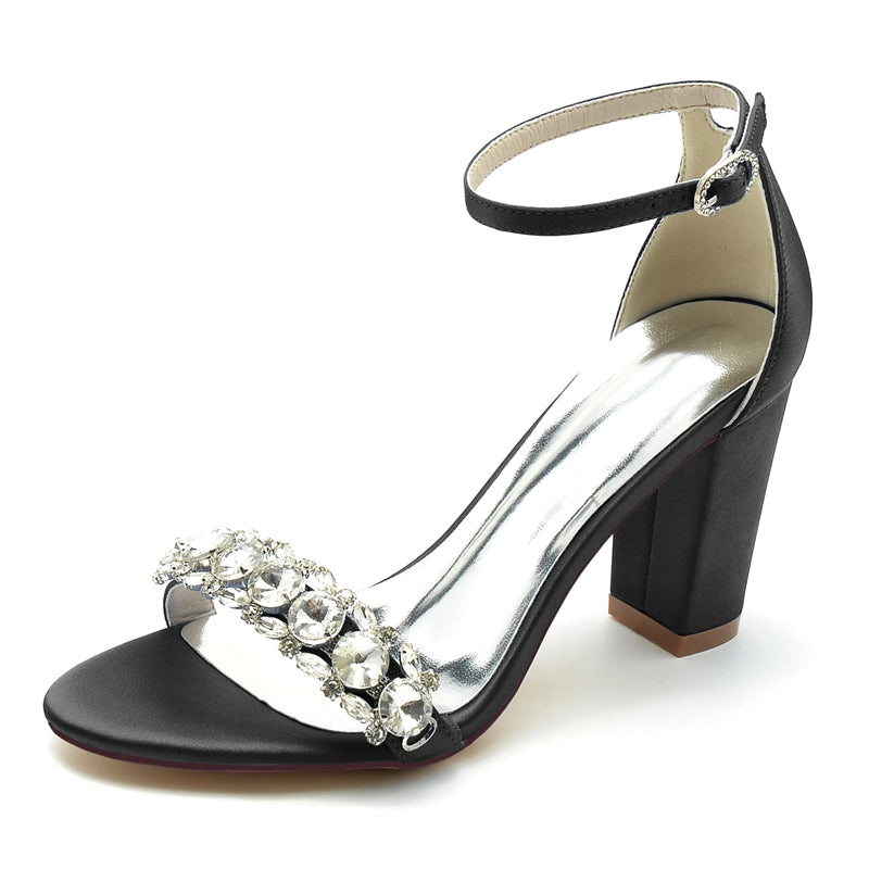 Women's Wedding Shoes Block Heel Opened Toe Rhinestone Strap Buckle Bridal Shoes