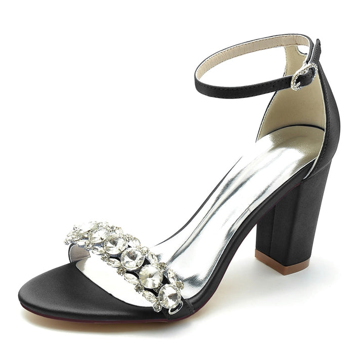Women's Wedding Shoes Block Heel Opened Toe Rhinestone Strap Buckle Bridal Shoes