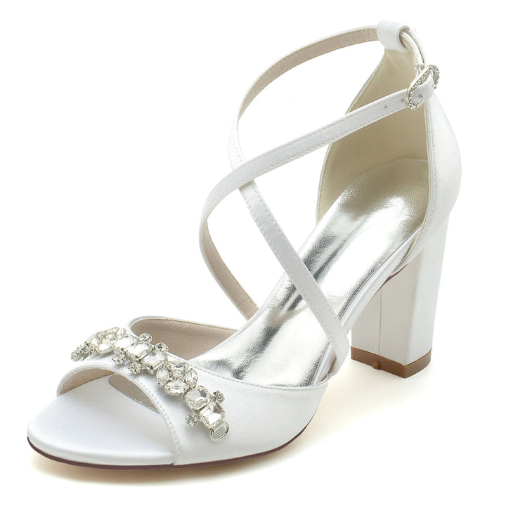 Women's Wedding Shoes Block Heel Crossed Strap Buckle Bridal Shoes with Rhinestone