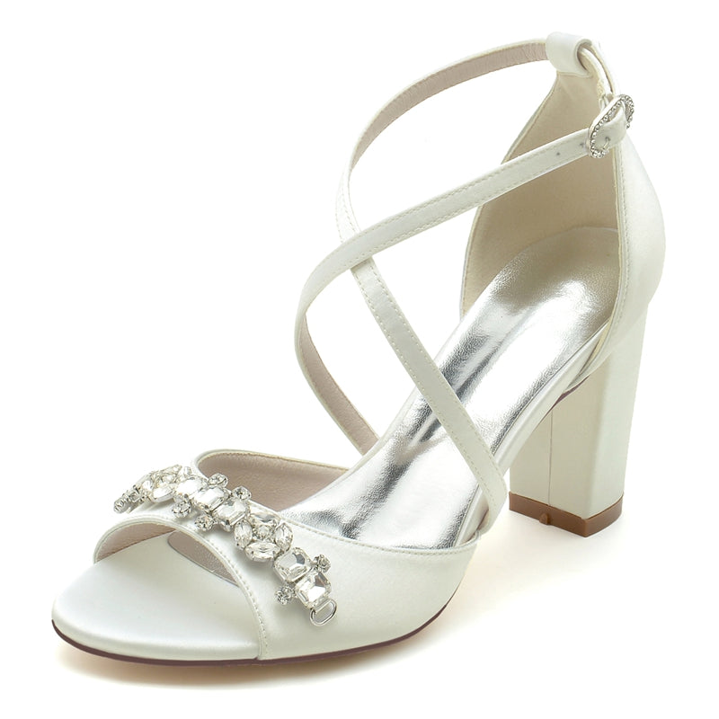 Women's Wedding Shoes Block Heel Crossed Strap Buckle Bridal Shoes with Rhinestone